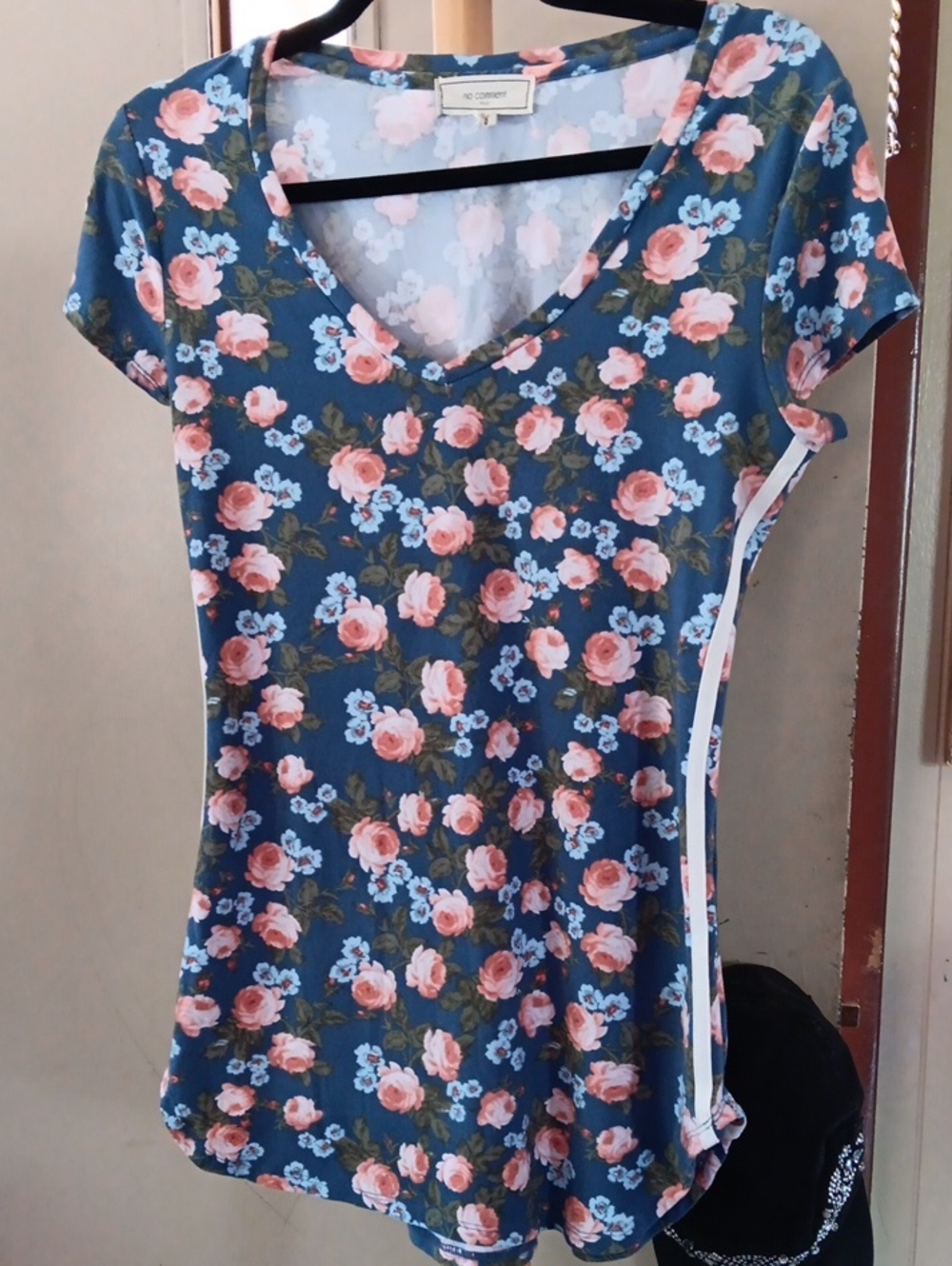 V-Neck Floral Short Sleeve Tee in Blue with Pink Roses - No Comment